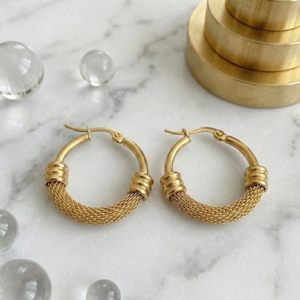 18K Gold Plated Stainless Steel Mesh Hoop Earrings Classic Everyday Jewelry